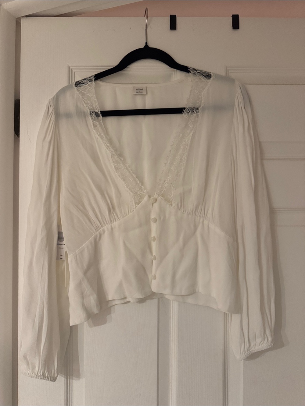 Aritzia Cream Lace-Trim Button Front Blouse